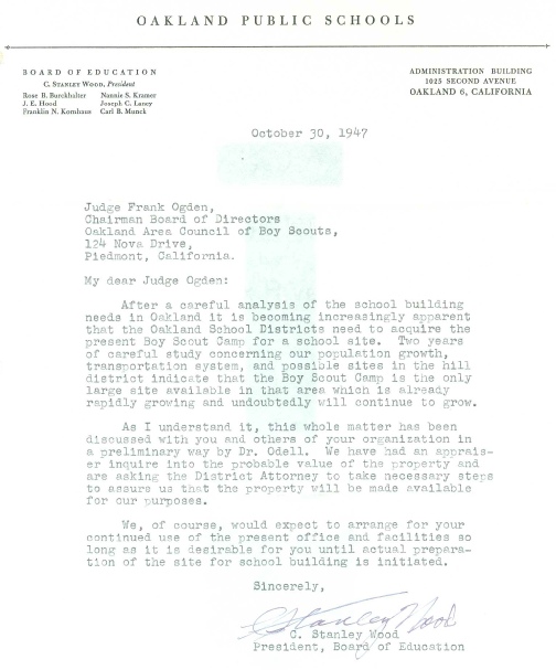 Letter from Oakland Schools to Boy Scouts, 1947